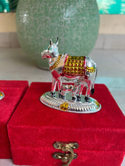 Fancy Silvery Cow With Meena Work Kamdhenu Cow Feeding Calf Lord Krishna Favorite Temple Art Pooja Item, Wedding/Return/Housewarming Gift