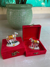 Fancy Silvery Cow With Meena Work Kamdhenu Cow Feeding Calf Lord Krishna Favorite Temple Art Pooja Item, Wedding/Return/Housewarming Gift