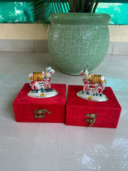 Fancy Silvery Cow With Meena Work Kamdhenu Cow Feeding Calf Lord Krishna Favorite Temple Art Pooja Item, Wedding/Return/Housewarming Gift