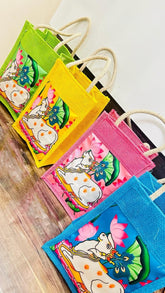 Pichwai Print Jute Bags with Contrast Print for Return Gift Thamboolam Bag Wedding Gift Lunch Bag Multicolor 10*8*3 inches Gift, Diwali Gift