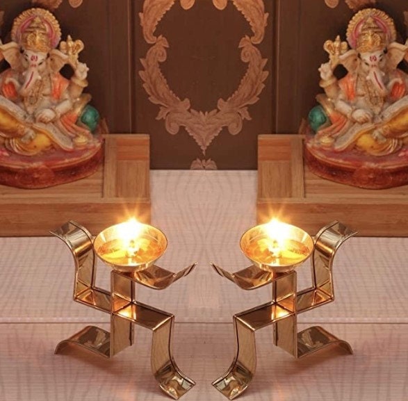 Set of 2 Swastik Shape Small Diya Stand Oil Lamp for Home Mandir Pooja Articles Decor Gifts, Diyas and Candles, Pooja Items, Christmas Gift