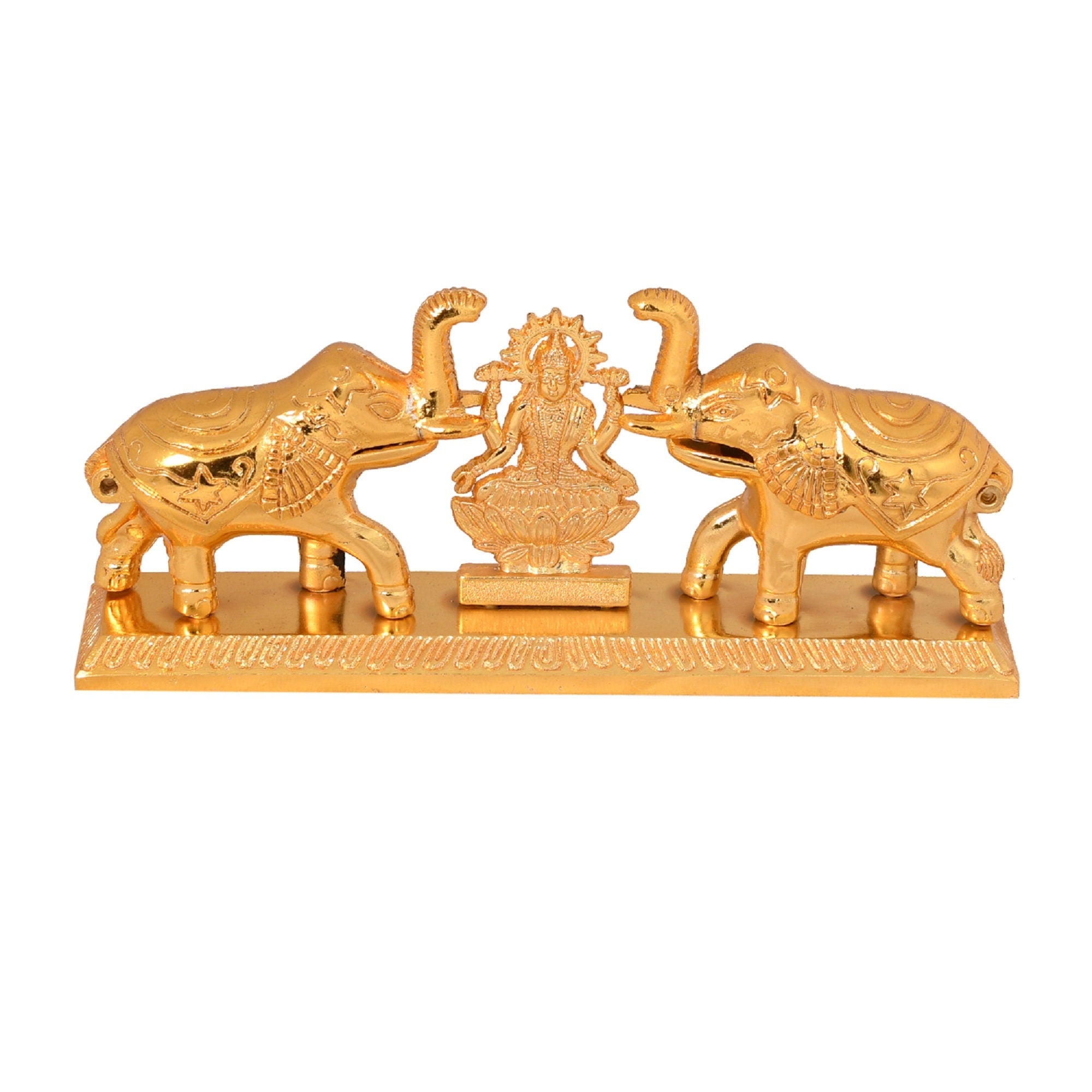 Gold Metal Plated Home Decor Idol Double Elephant with Laxmi ji Roli Chawal Storage Box Showpiece