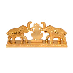 Gold Metal Plated Home Decor Idol Double Elephant with Laxmi ji Roli Chawal Storage Box Showpiece
