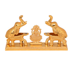 Gold Metal Plated Home Decor Idol Double Elephant with Laxmi ji Roli Chawal Storage Box Showpiece