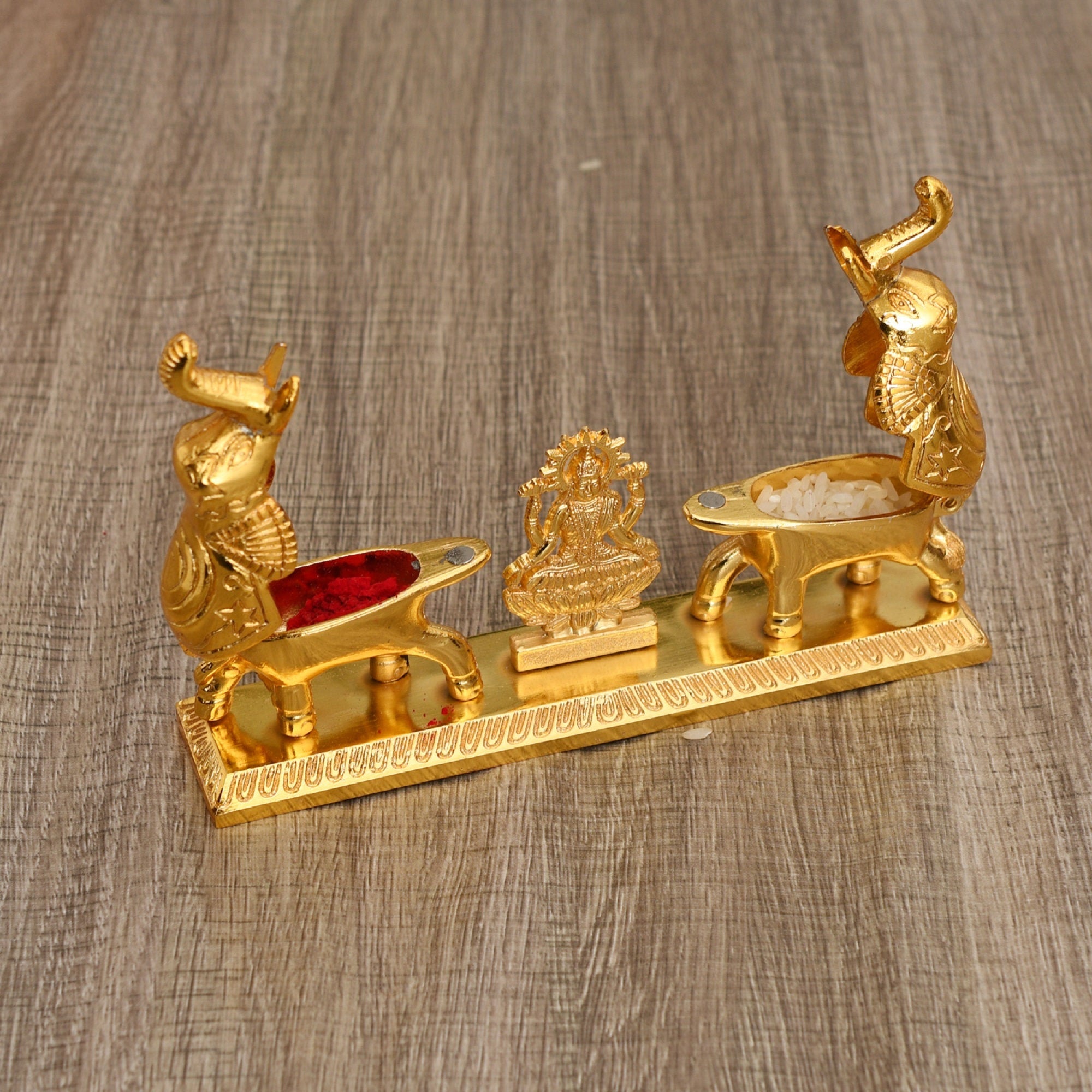 Gold Metal Plated Home Decor Idol Double Elephant with Laxmi ji Roli Chawal Storage Box Showpiece