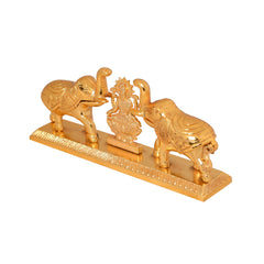 Gold Metal Plated Home Decor Idol Double Elephant with Laxmi ji Roli Chawal Storage Box Showpiece
