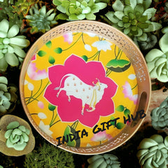 Designer Round Shape Enamel Hand painted Pichwai cow trays set, Kamdhenu, Cow painting, Pate art, wedding gift, return gift, Serving Tray