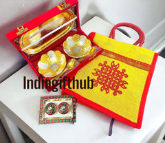 Gold Silver Plated Bowl Set with Kolam Jute Bag and Haldi Kumkum Holder, Indian Wedding Gift, Wedding Favors, Wedding Gift, Return Gifts