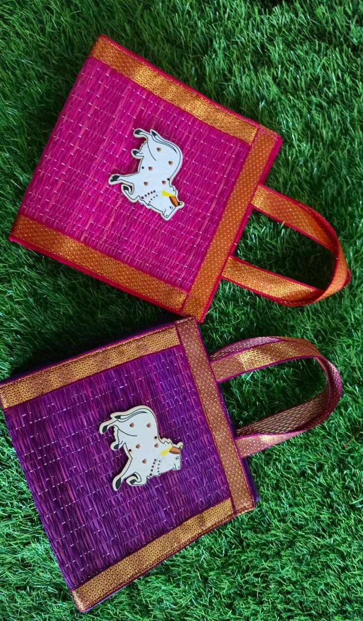 Handmade Kora Grass Gift Bags With Zari Border, Return Gifts Thamboolam Bags Wedding Gifts Lunch Bag Multicolor 8*8*4 inches Gifts