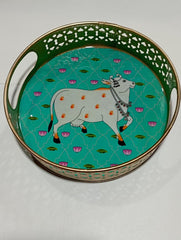 Designer Round Shape Enamel Hand painted Pichwai cow trays set, Kamdhenu, Cow painting, Pate art, wedding gift, return gift, Serving Tray