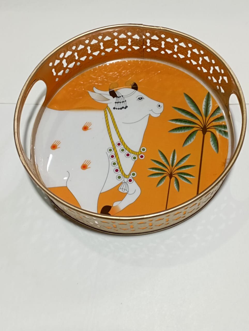 Designer Round Shape Enamel Hand painted Pichwai cow trays set, Kamdhenu, Cow painting, Pate art, wedding gift, return gift, Serving Tray