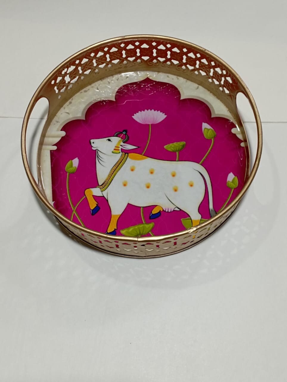 Designer Round Shape Enamel Hand painted Pichwai cow trays set, Kamdhenu, Cow painting, Pate art, wedding gift, return gift, Serving Tray