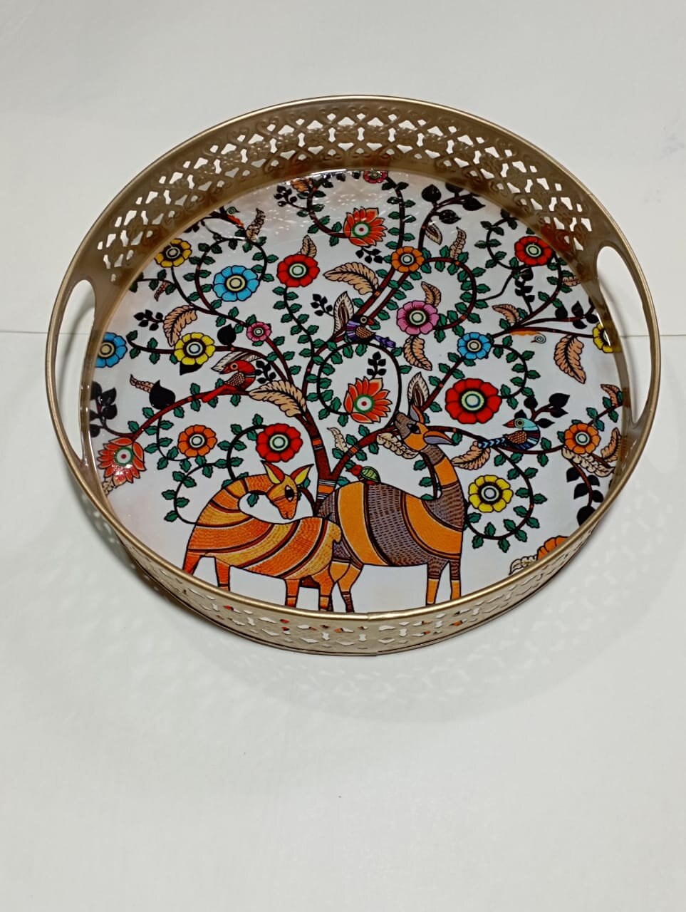 Designer Round Shape Enamel Hand painted Pichwai cow trays set, Kamdhenu, Cow painting, Pate art, wedding gift, return gift, Serving Tray