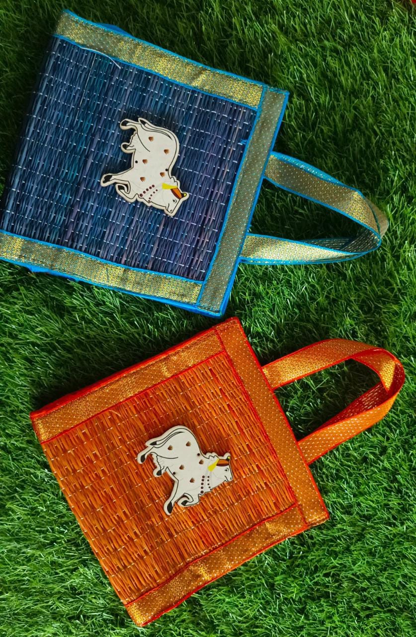 Handmade Kora Grass Gift Bags With Zari Border, Return Gifts Thamboolam Bags Wedding Gifts Lunch Bag Multicolor 8*8*4 inches Gifts