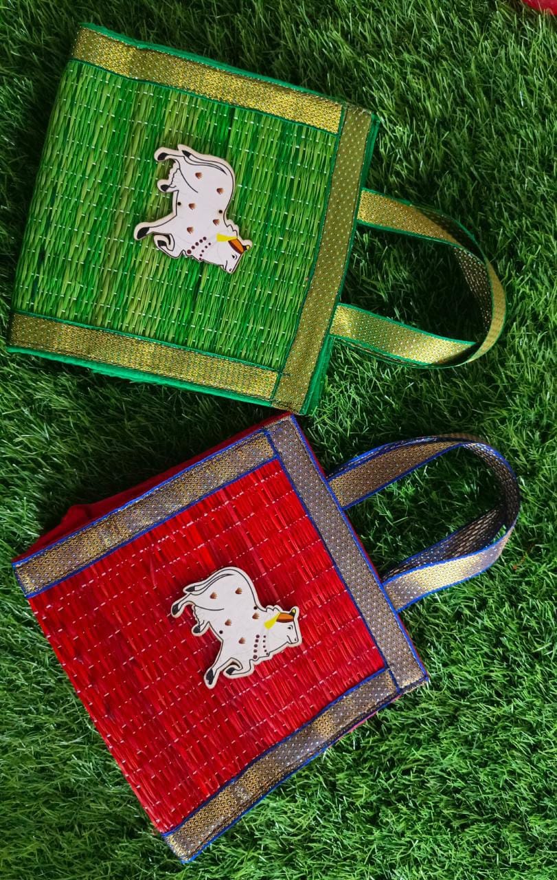 Handmade Kora Grass Gift Bags With Zari Border, Return Gifts Thamboolam Bags Wedding Gifts Lunch Bag Multicolor 8*8*4 inches Gifts
