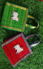 Handmade Kora Grass Gift Bags With Zari Border, Return Gifts Thamboolam Bags Wedding Gifts Lunch Bag Multicolor 8*8*4 inches Gifts