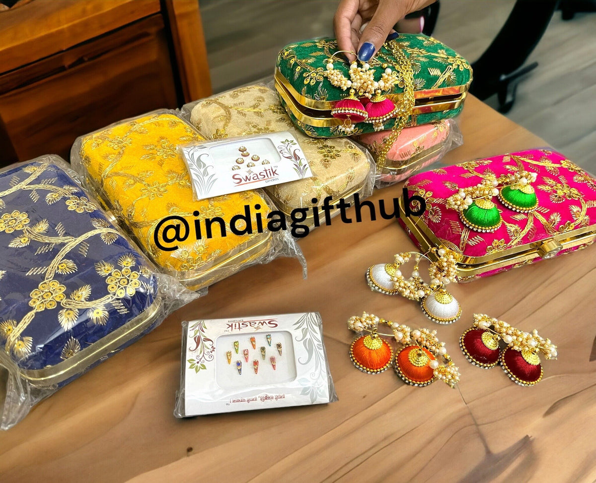 Velvet Clutch Purse With Earrings And Bindi, Indian Wedding Gifts, Wedding favor, Christmas Gift, Party Gift, Indian Clutches, Return Gift