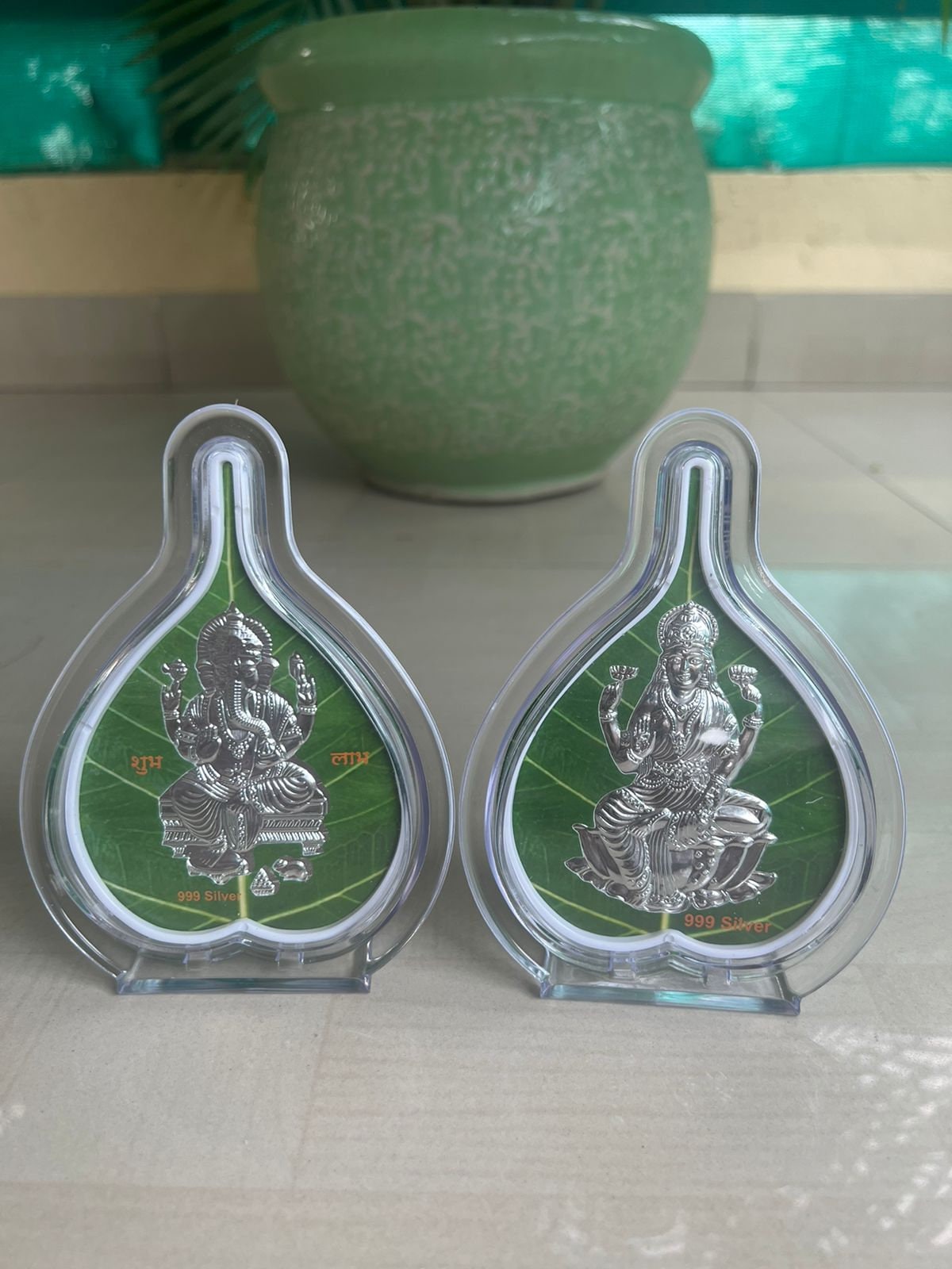 Pure Silver Ganesh And Laxmi Leaf/Pan Shape Photo Frame, Indian God Silver Frame, Ornate Silver Metal Photo Frame, silver Indian god frames