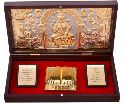 Gold Plated God Idol Charan Paduka (Asht Laxmi) Photo Frame with Charan Paduka, Wedding Return Gift, Wooden Momento Gift, Prosperity Gifts