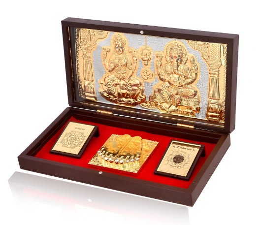 Gold Plated God Idol Charan Paduka (Ganesha Laxmi Paduka) Photo Frame with Charan Paduka, Wedding Return Gift, Wooden Gift, Prosperity Gifts