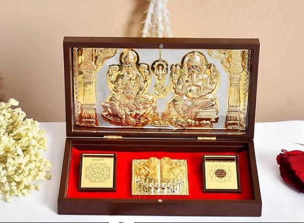 Gold Plated God Idol Charan Paduka (Ganesha Laxmi Paduka) Photo Frame with Charan Paduka, Wedding Return Gift, Wooden Gift, Prosperity Gifts