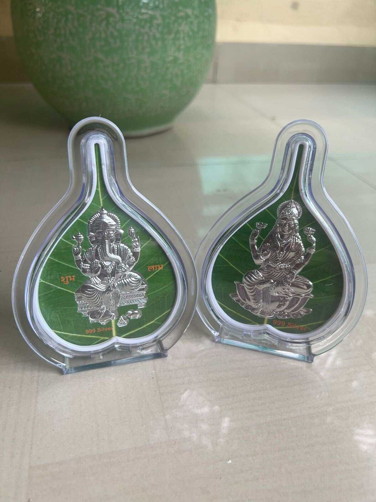 Pure Silver Ganesh And Laxmi Leaf/Pan Shape Photo Frame, Indian God Silver Frame, Ornate Silver Metal Photo Frame, silver Indian god frames