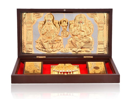 Gold Plated God Idol Charan Paduka (Ganesha Laxmi Paduka) Photo Frame with Charan Paduka, Wedding Return Gift, Wooden Gift, Prosperity Gifts