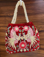 Indian Peacock Embroidery Potli Bag With Both Side Hand Work, Best for Wedding Anniversary Party Return Gift Bag, Clutch Purse, Wedding Gift