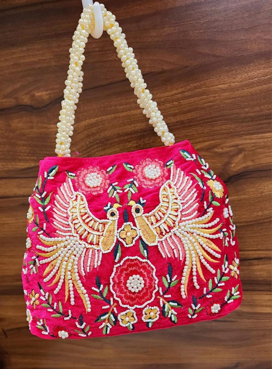 Indian Peacock Embroidery Potli Bag With Both Side Hand Work, Best for Wedding Anniversary Party Return Gift Bag, Clutch Purse, Wedding Gift